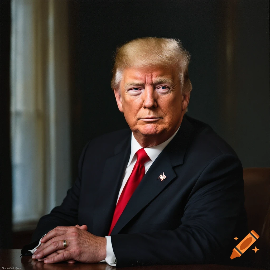 Photorealistic portrait of Donald J. Trump seated at a table.