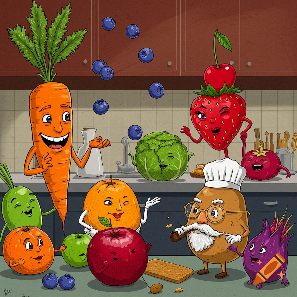Cartoon fruits and vegetables dancing and interacting in a kitchen.