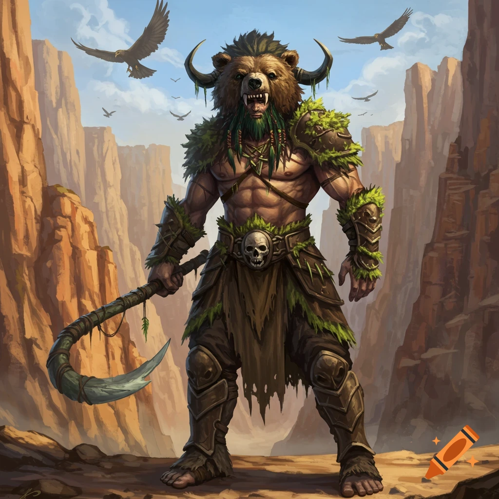 Muscular fantasy warrior with bear mask and moss armor stands in a rocky canyon with birds flying, digital art.