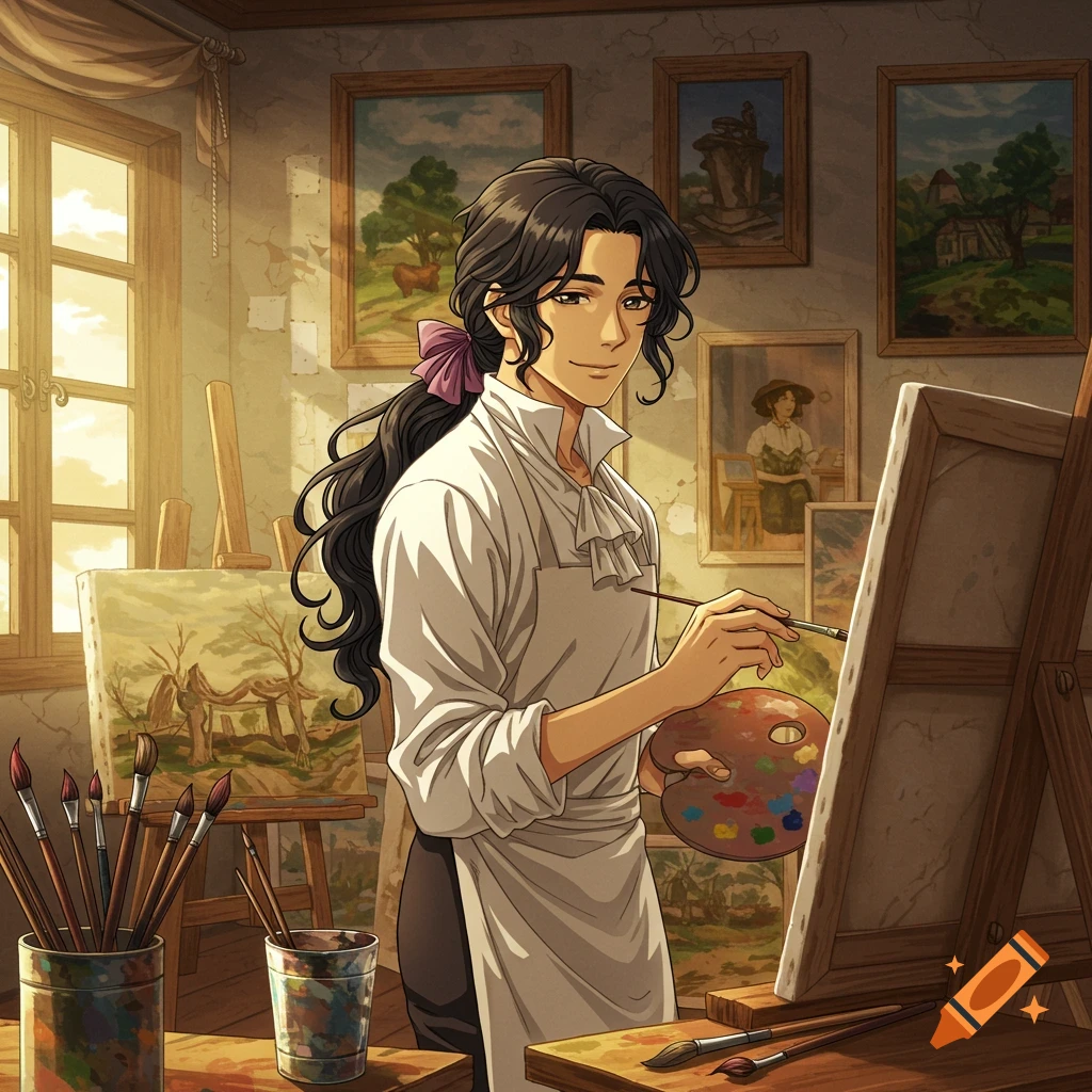 An anime-style image of a young man with long dark hair painting at an easel in a sunlit art studio.