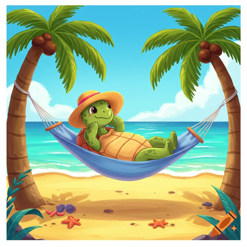 Cute cartoon turtle in a hat relaxing in a hammock on a tropical beach