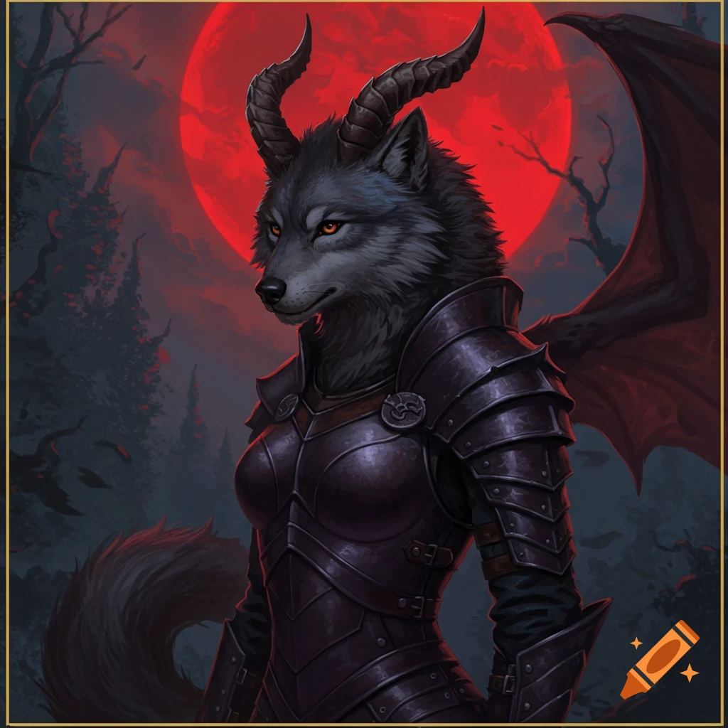 A fantasy wolf creature in dark armor with horns and wings under a red moon.