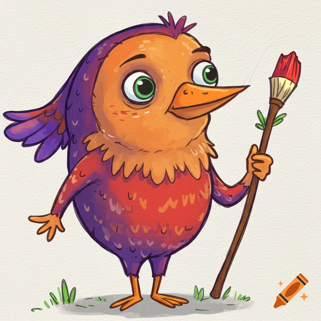 A colorful cartoon bird holding a paintbrush in a hand-drawn style.