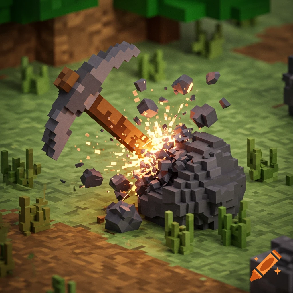 A blocky pickaxe hits a rock, sending sparks flying, in a 3D pixel art landscape.