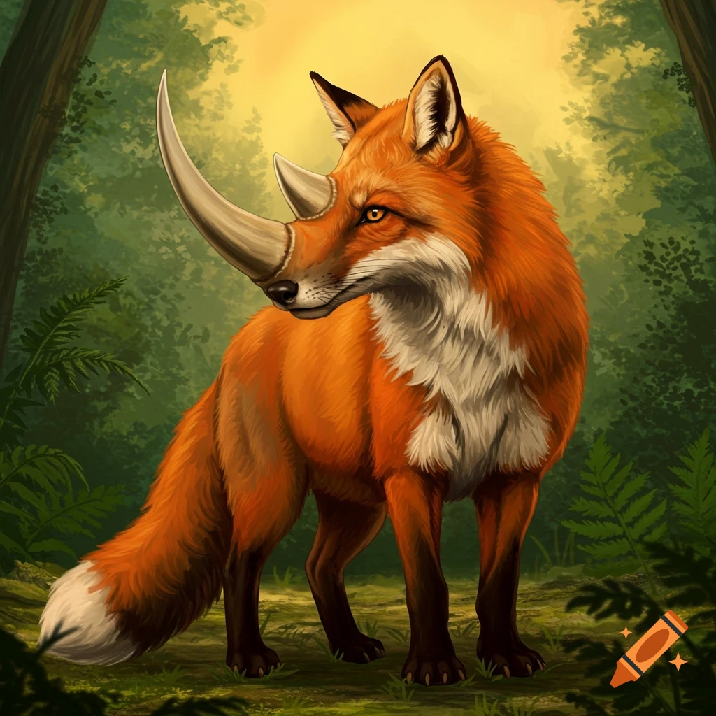 A fox-rhino hybrid standing in a forest.