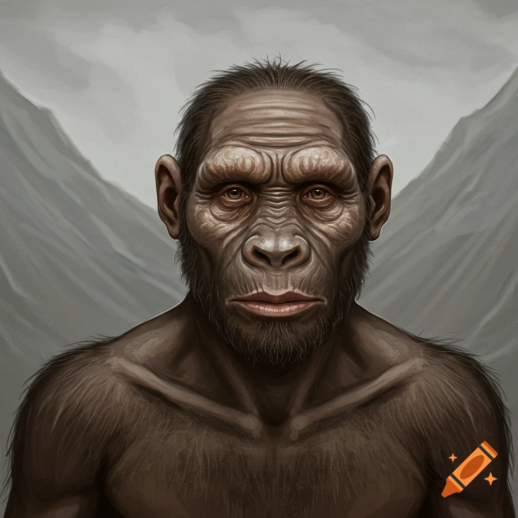 A portrait of a prehistoric human figure against a mountain background.