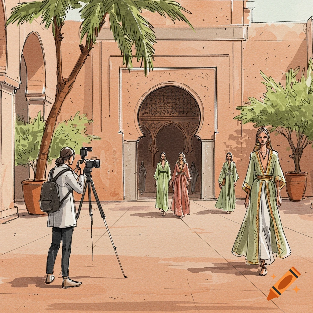 A sketch shows a photographer shooting models in a Moroccan courtyard.