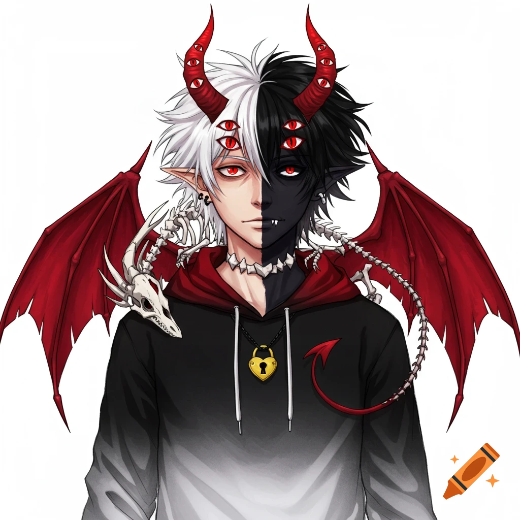 Anime character with split white/black look, red horns with eyes, red wings, and skeletal dragon.