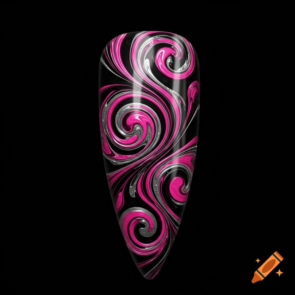 A pointed nail shape with a swirling abstract design in black, hot pink, and silver.