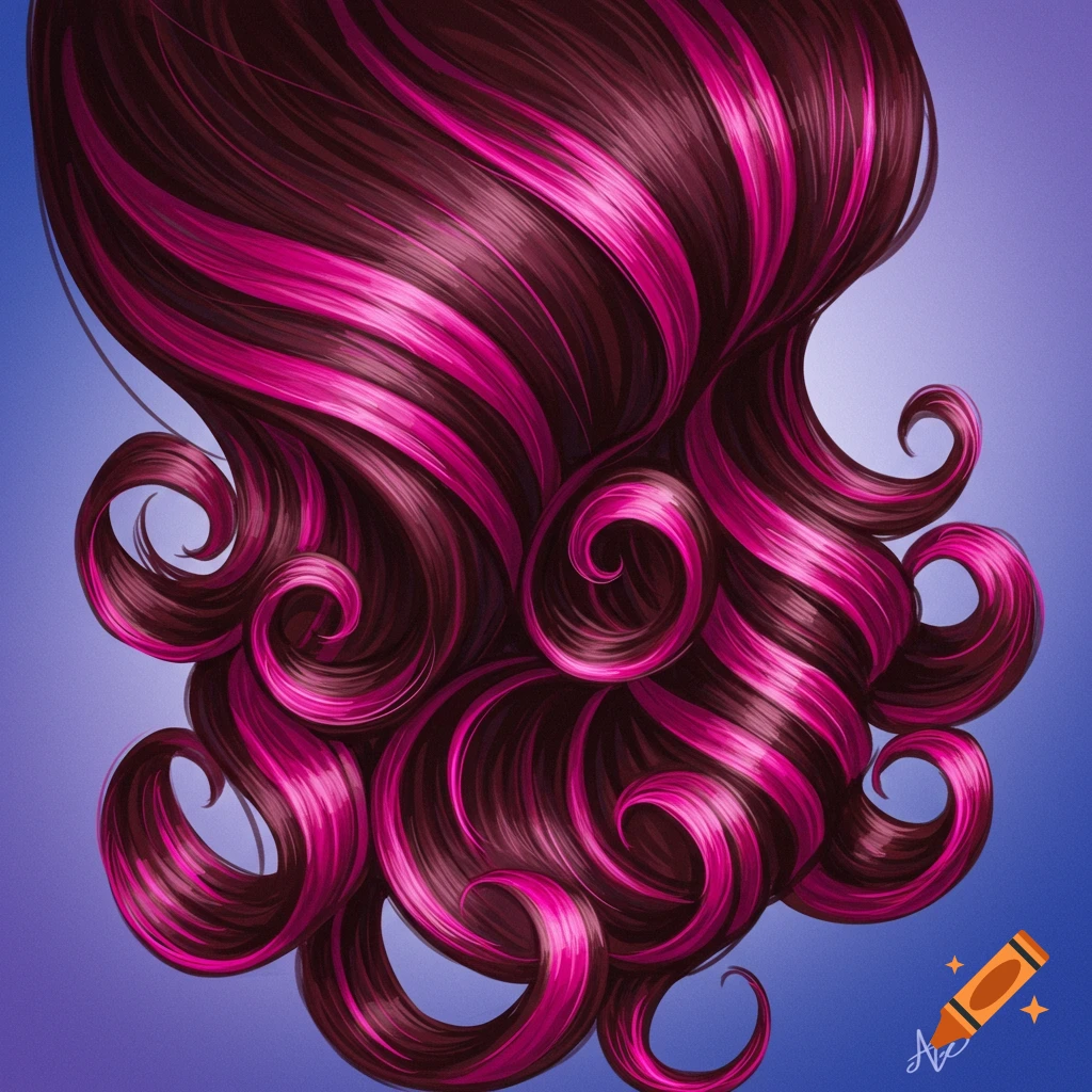 Dark hair with pink highlights styled in elaborate curls against a blue background.