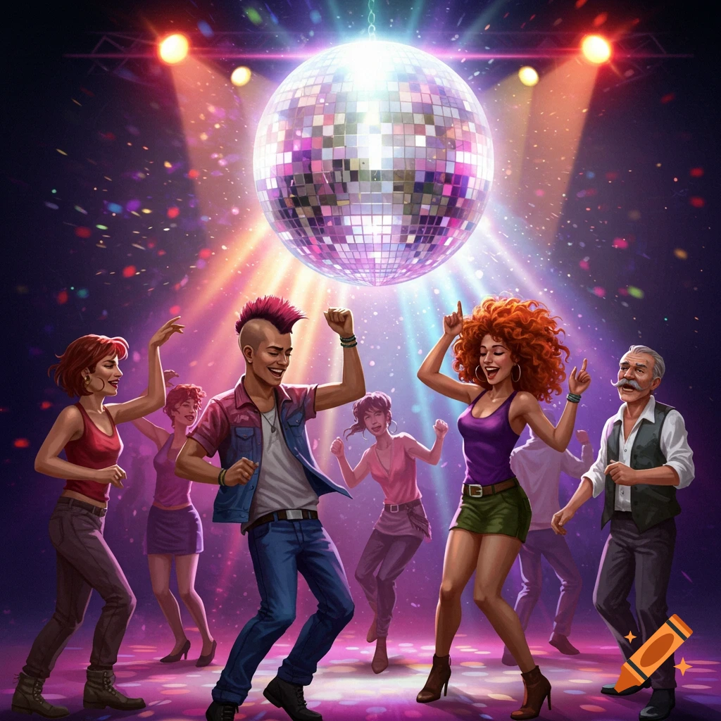 Diverse people dancing joyfully under a large, sparkling disco ball with colorful lights.