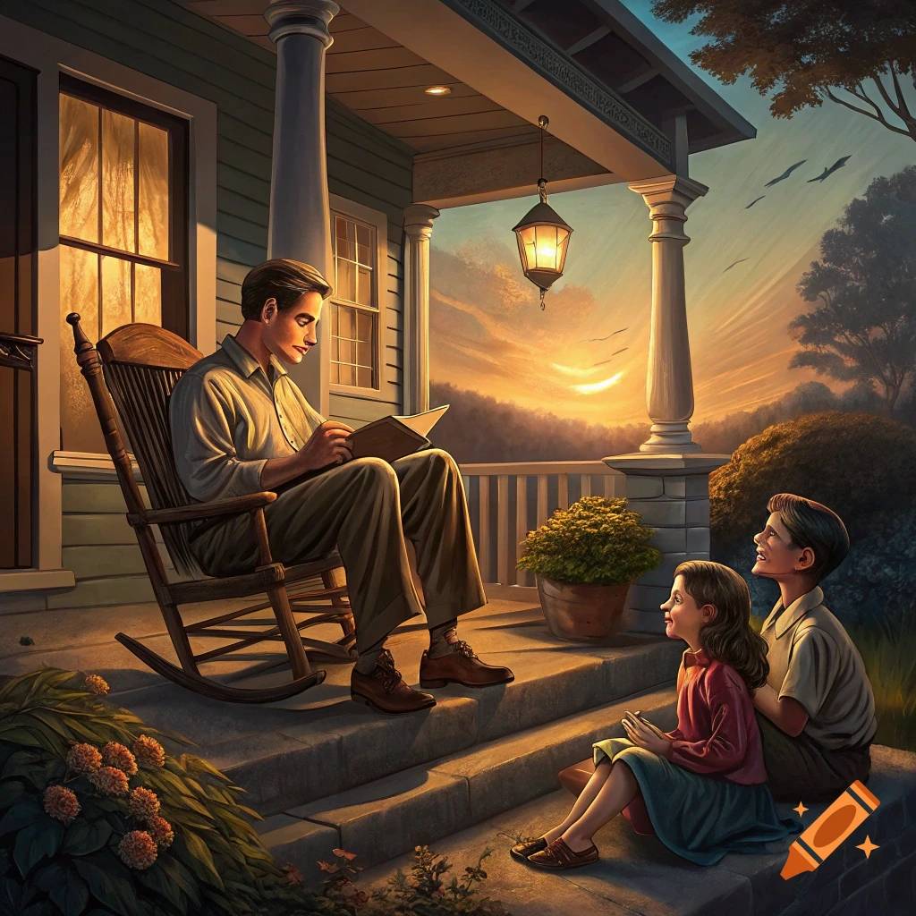 A man reads a book to two children on a porch at sunset in a painting style.