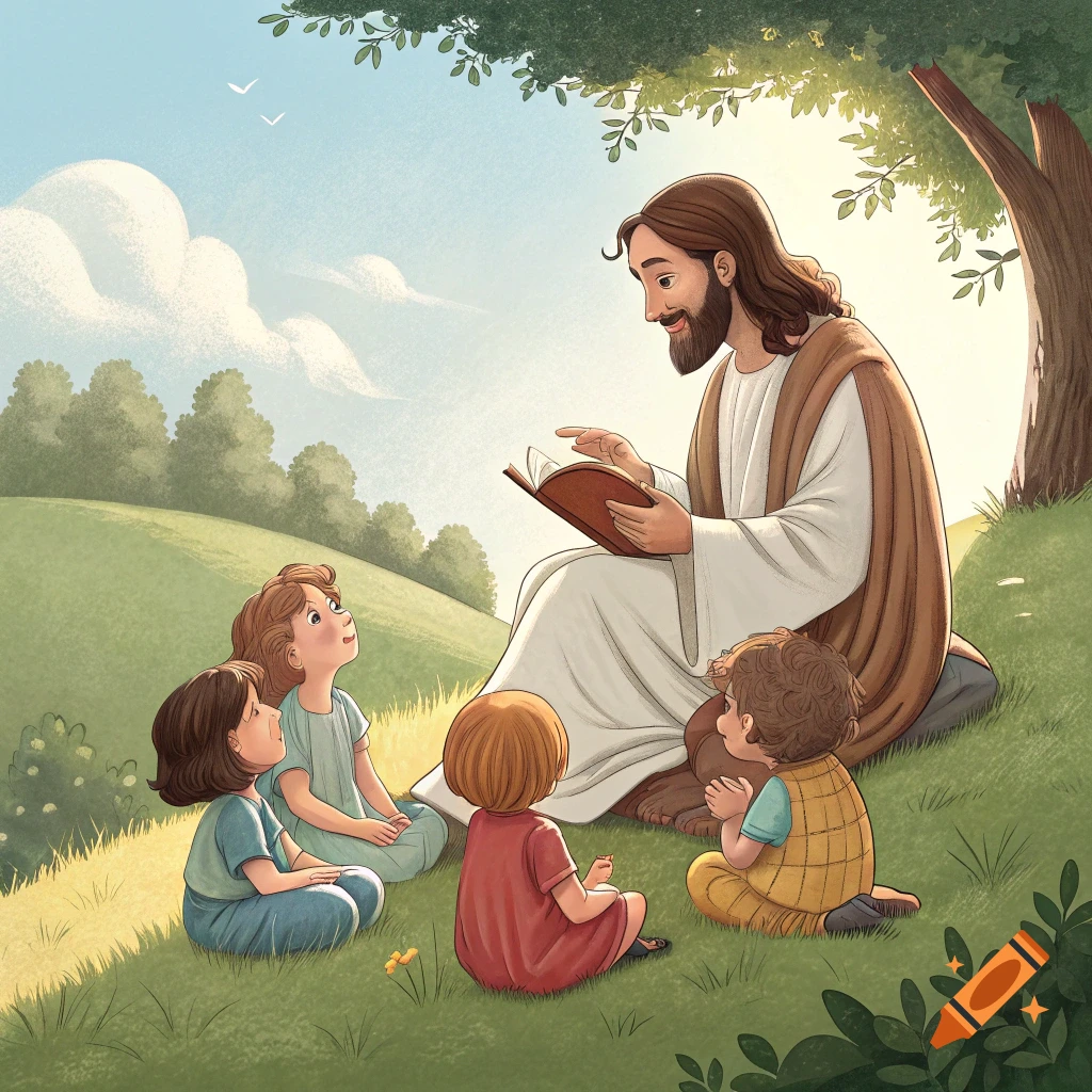 Illustration of Jesus reading a book to children sitting under a tree.