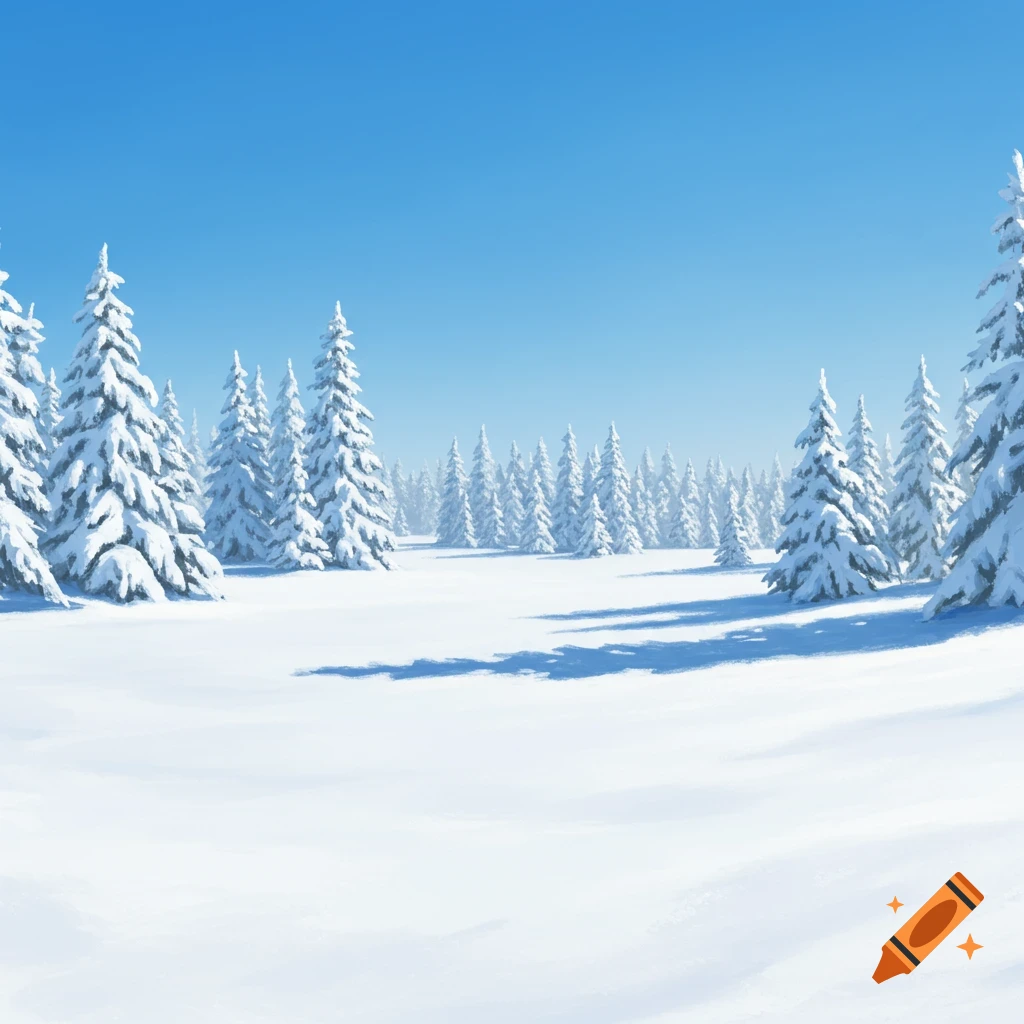 A snowy field with evergreen trees under a blue sky.