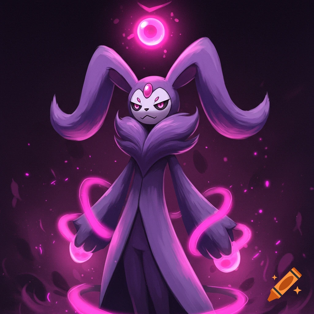 A stylized purple creature with long ears and glowing pink energy effects stands against a dark background.