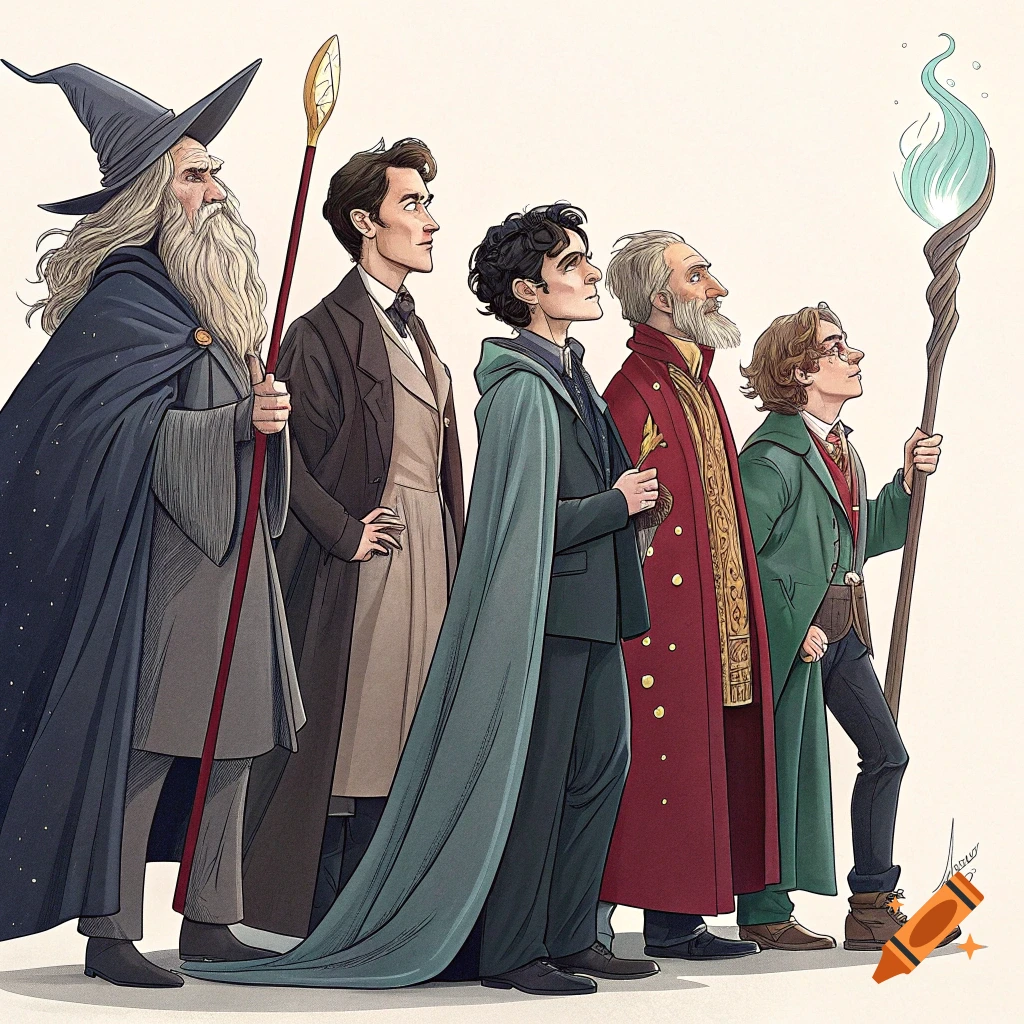 Stylized illustration of five fantasy characters in robes standing in a line, looking upwards. One holds a staff with a golden spearhead, another a staff with a glowing green flame.