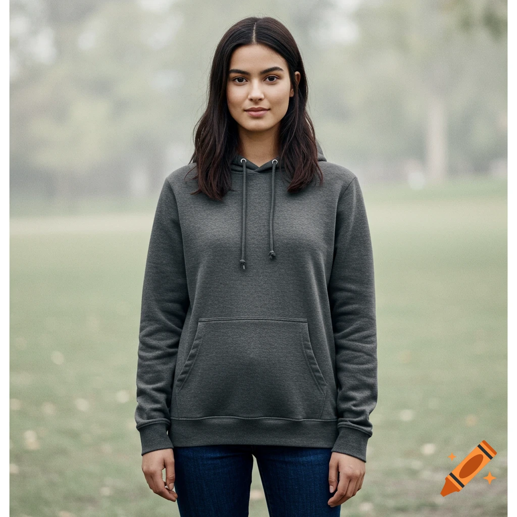 Full body photo of a woman in a grey hoodie standing in a park.