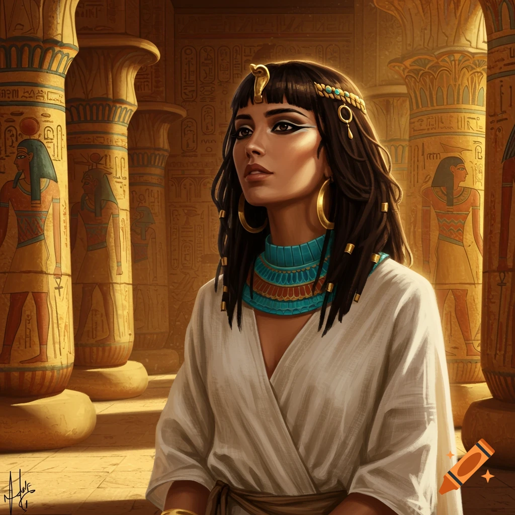 A woman in ancient Egyptian attire and jewelry, standing in a temple with hieroglyphs on the columns.