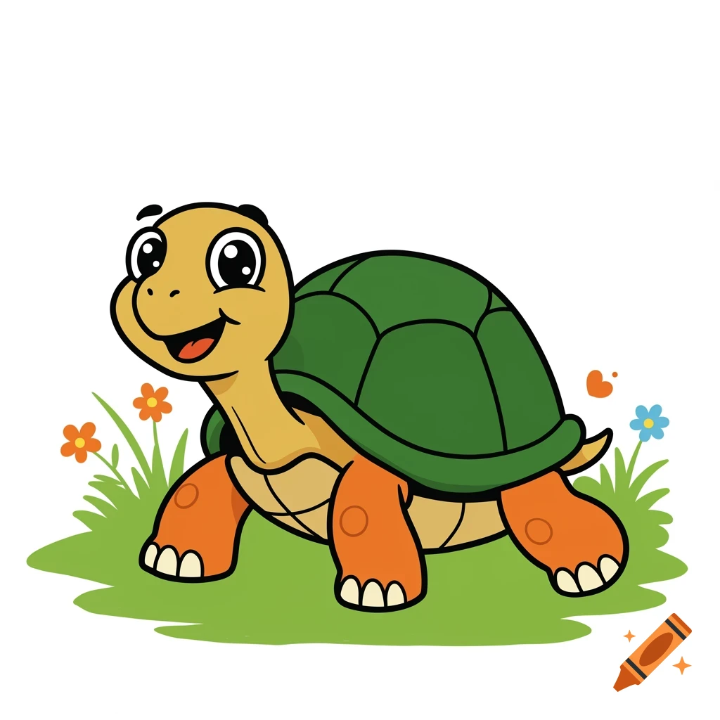 A cartoon turtle smiling in the grass with flowers.