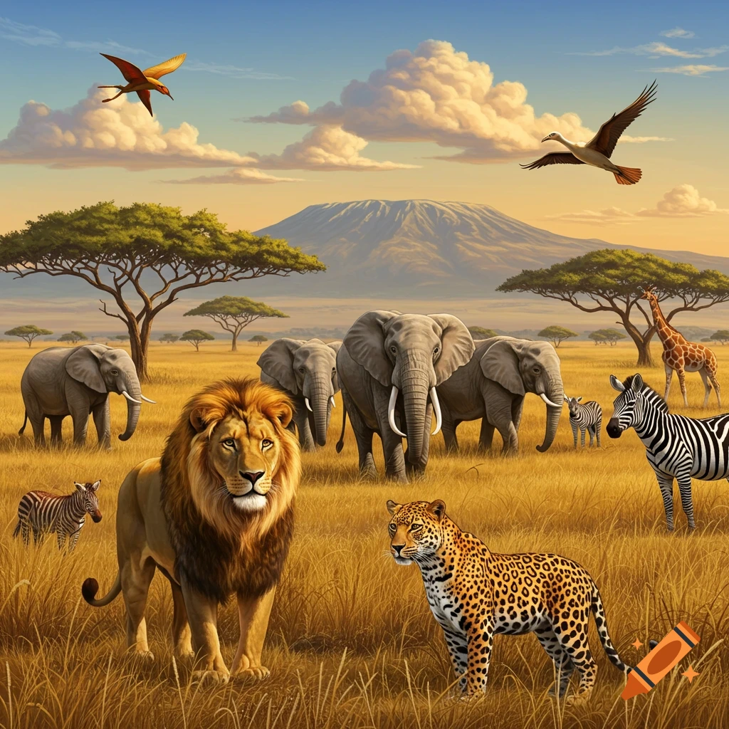 safari animals including a lion, leopard, elephants, zebras, and giraffe in a savanna landscape