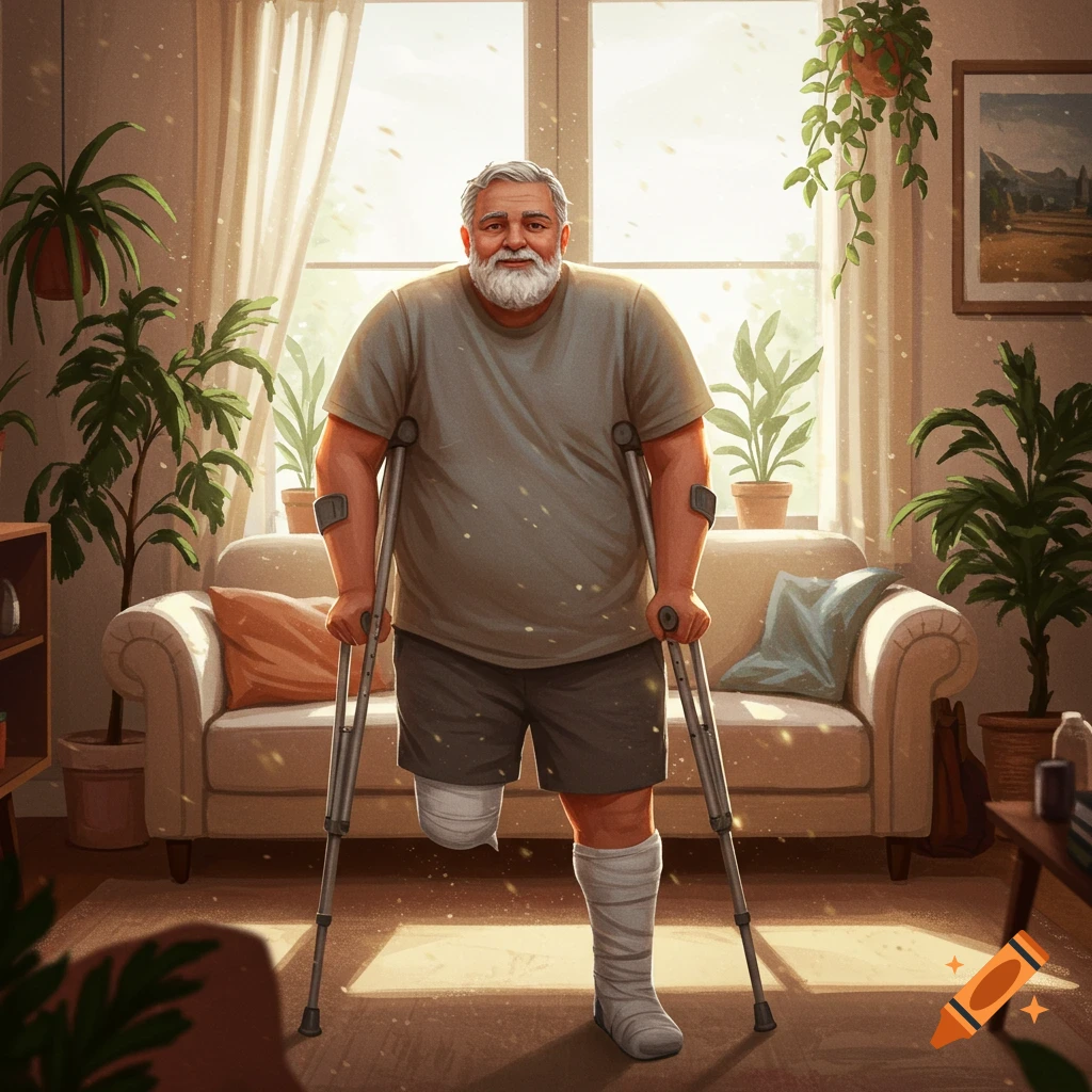 Heavy-set man on crutches with bandaged leg in a living room