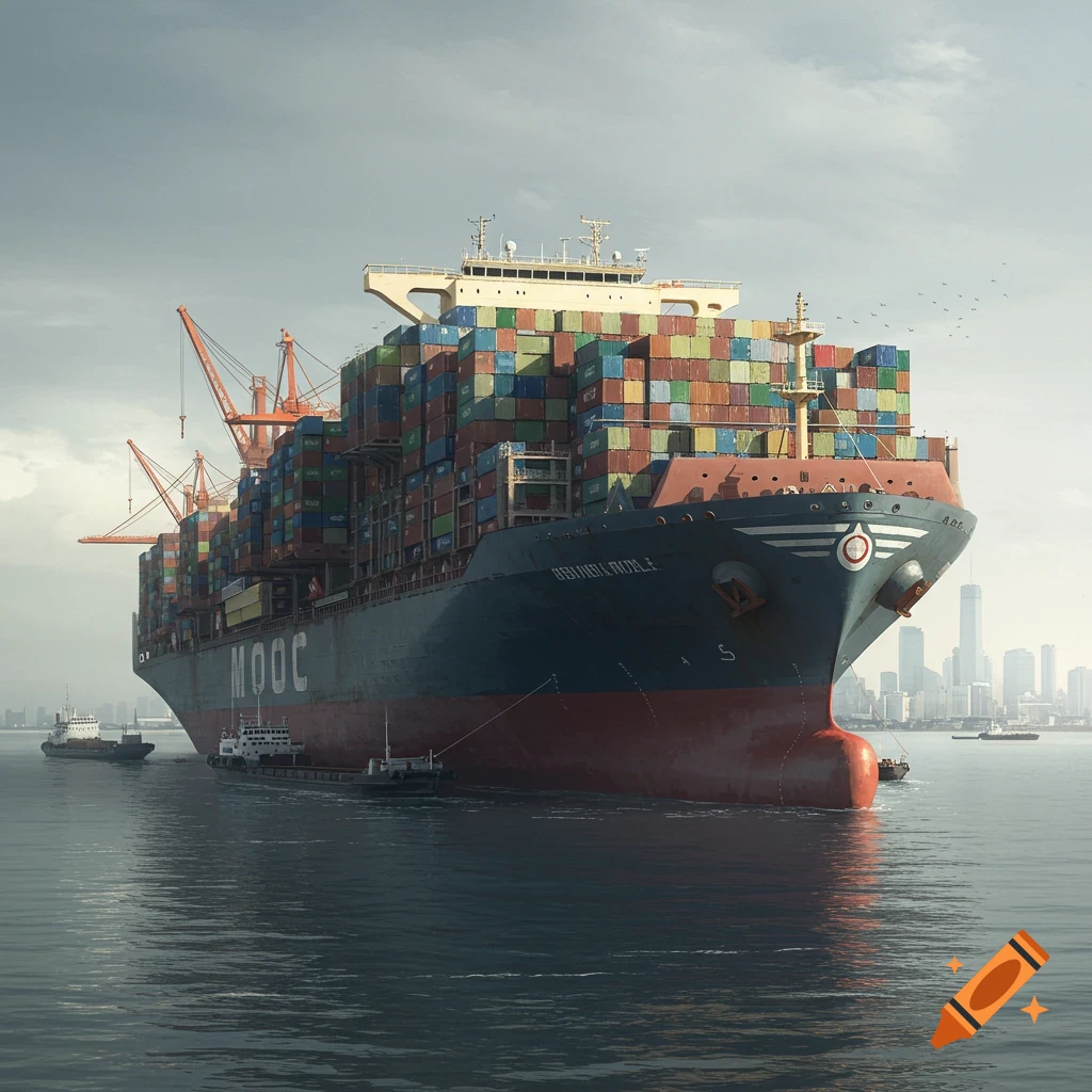 A large container ship is loaded with containers, with tugboats and a city skyline visible.