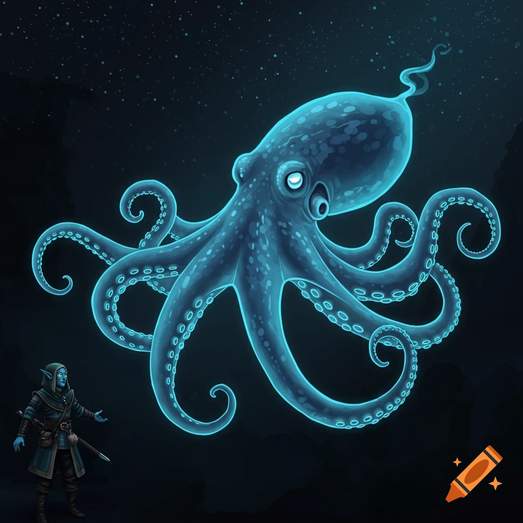 A person stands looking at a large glowing blue octopus against a starry background.