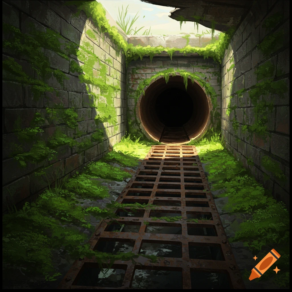 A mossy sewer tunnel with a grate-covered walkway leading to a large pipe.