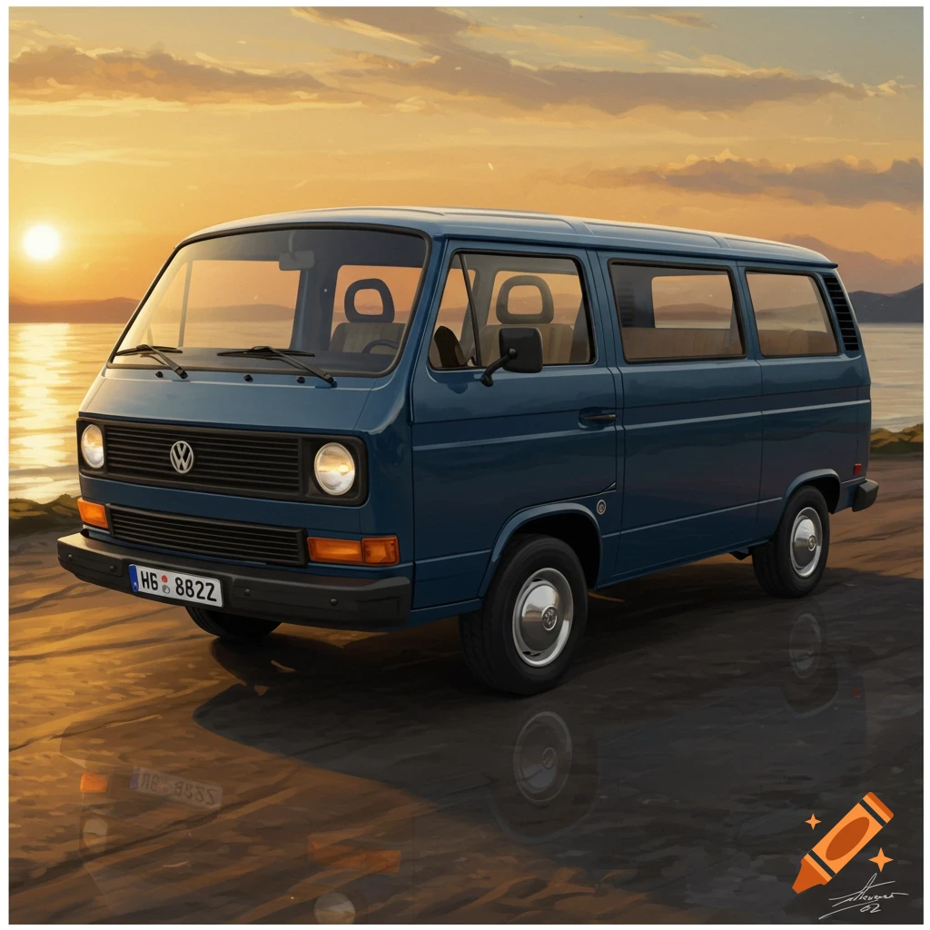A blue Volkswagen van is parked by the water at sunset.