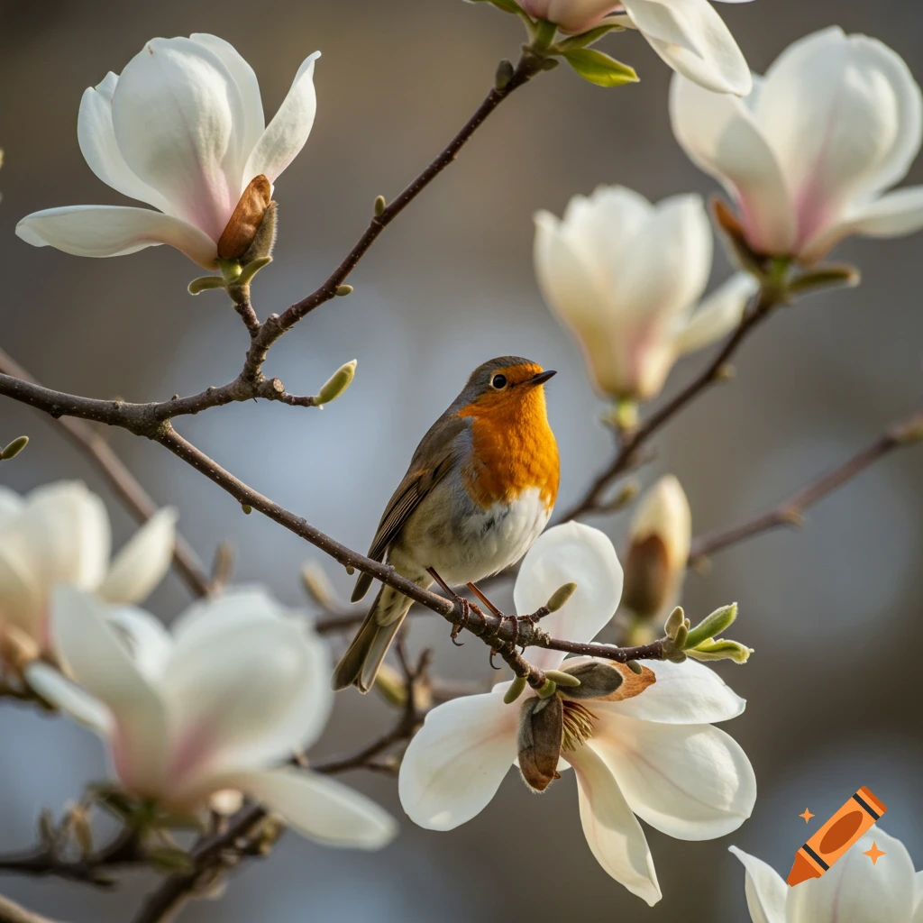 An American robin perches on a branch among white magnolia blossoms. Photorealistic.