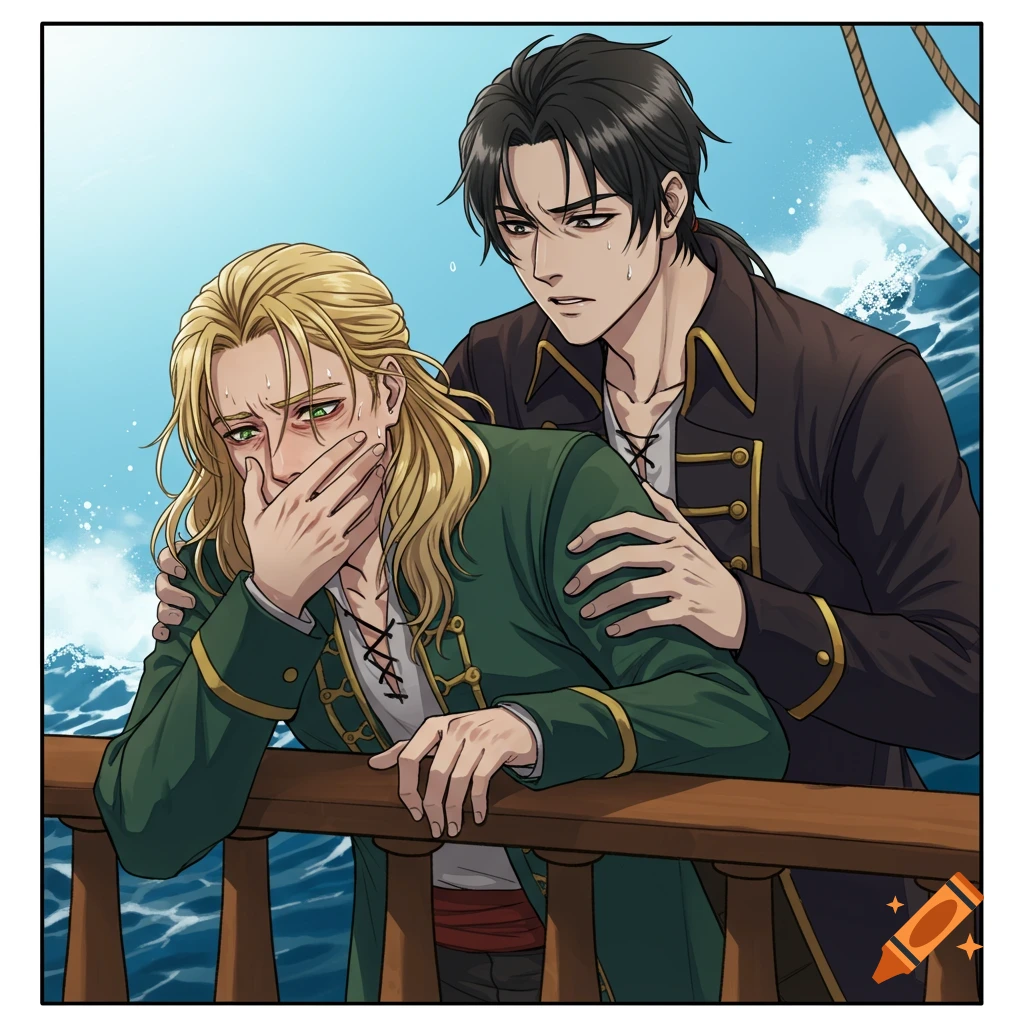 Illustration of two men on a ship, one looking seasick while the other supports him.