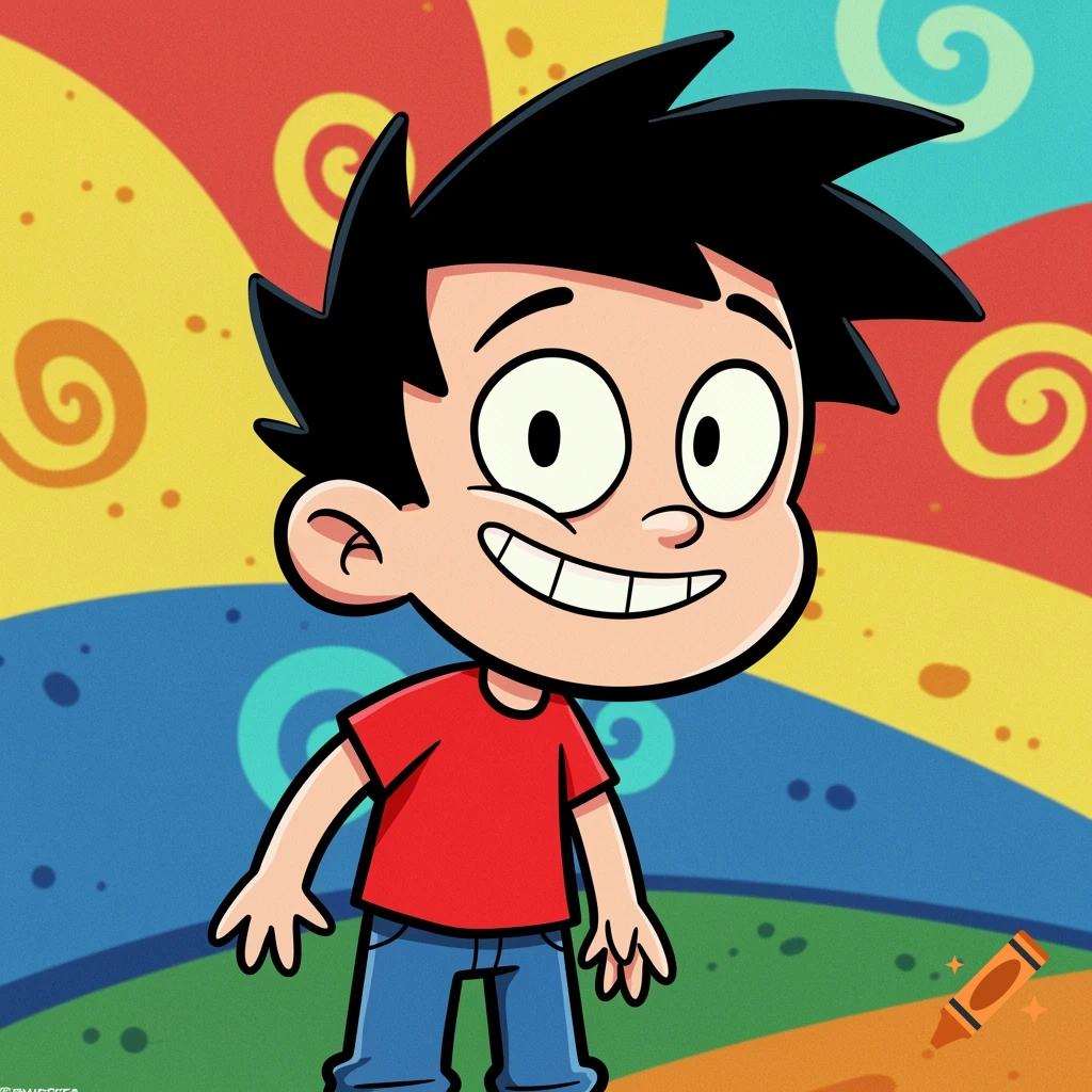 Cartoon illustration of a boy with spiky hair, red shirt, and blue jeans smiling against a vibrant swirly background.