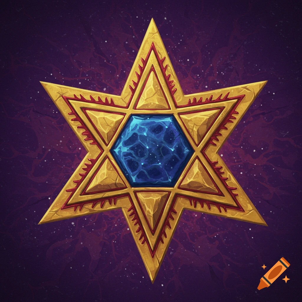 Golden star symbol with blue center on a starry purple background.