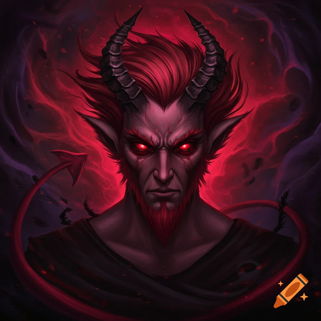 A demonic figure with red eyes, horns, and a tail is depicted against a red background.