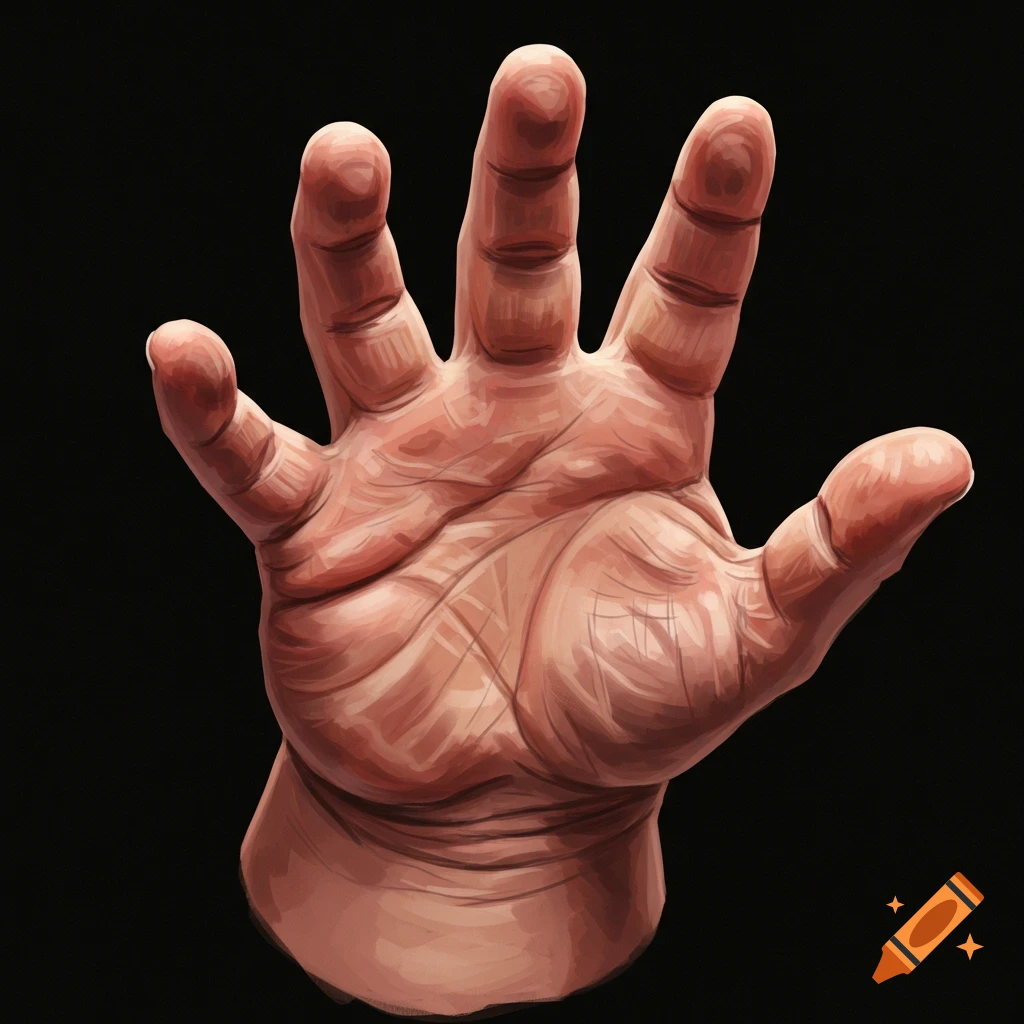 A hand with fingers spread, palm facing out, on a black background.