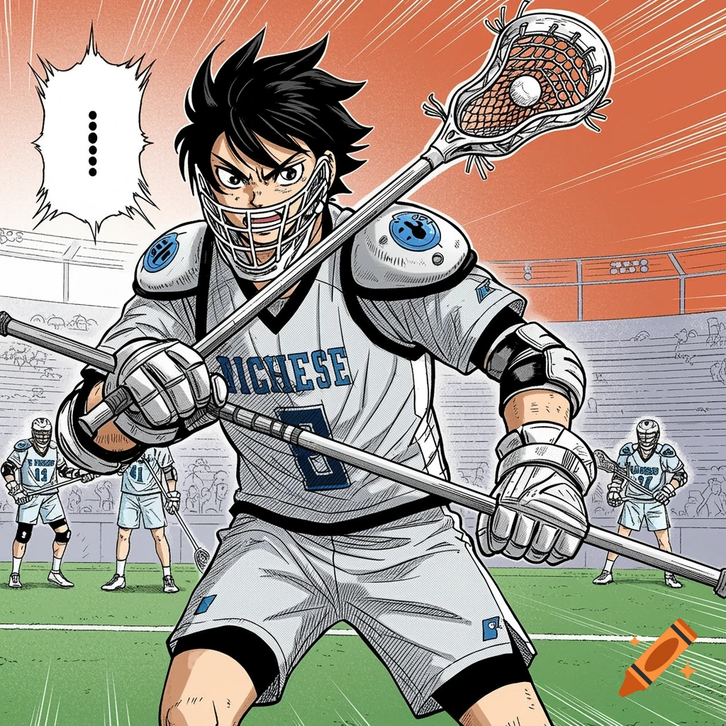 Manga-style illustration of a lacrosse player in action in a stadium.
