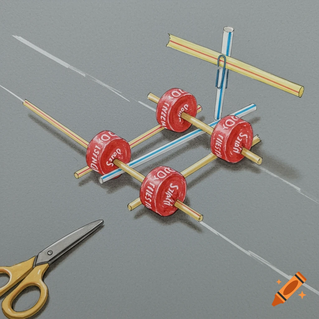 Materials for a toy car craft project, including bottle caps, straws, and scissors.