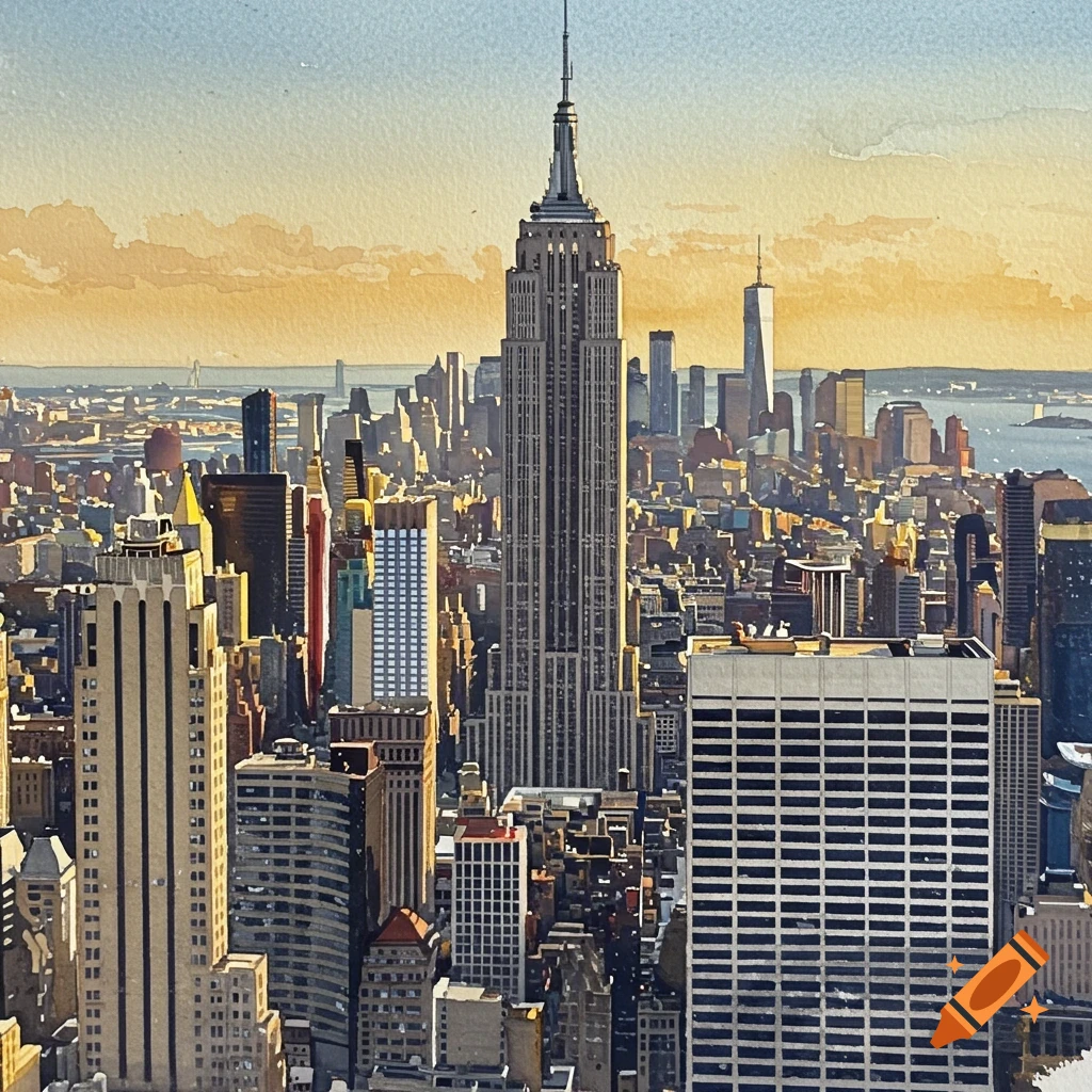 Watercolor painting of the New York City skyline featuring the Empire State Building.