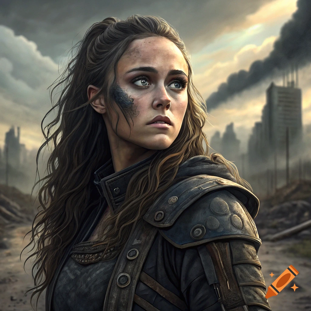 Portrait of a woman in dark armor with dirt on her face, looking right in a post-apocalyptic cityscape.