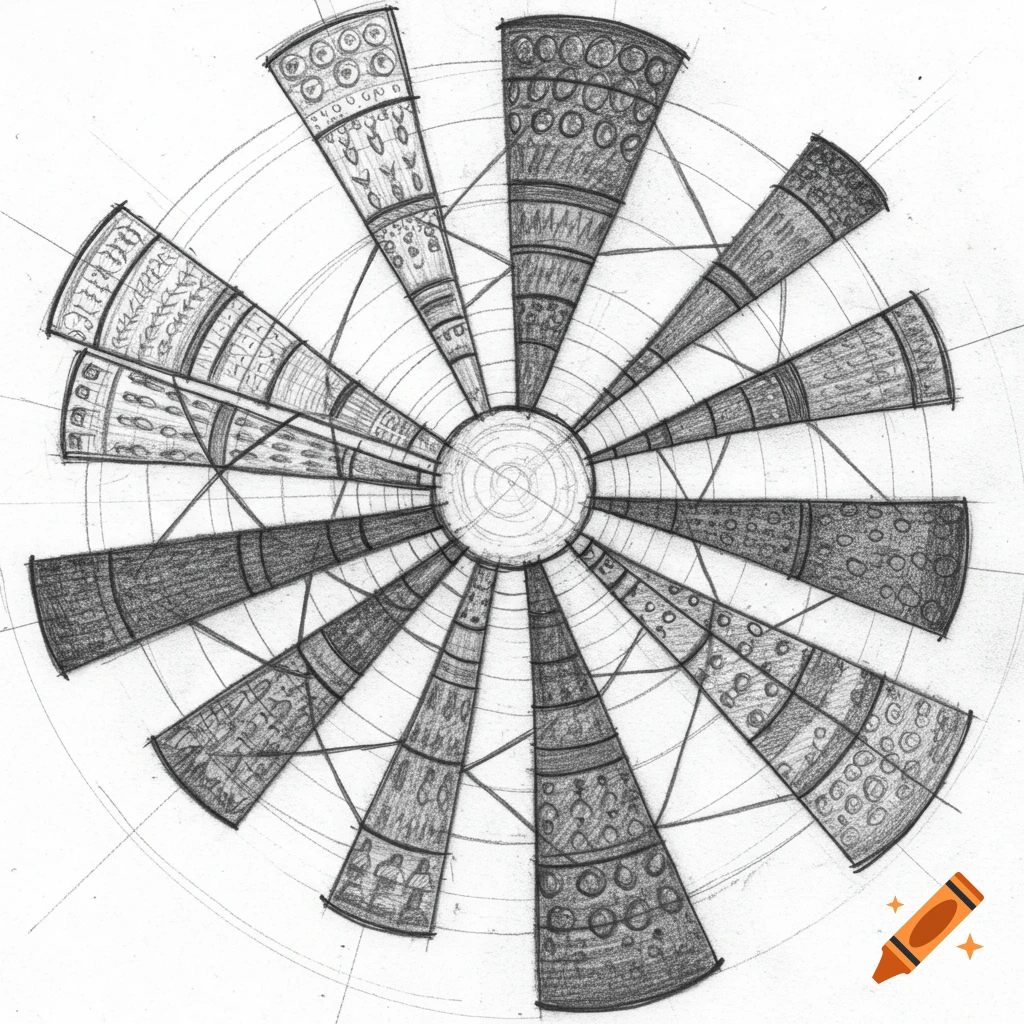 Pencil sketch of a geometric circular design with radiating sectors filled with patterns.