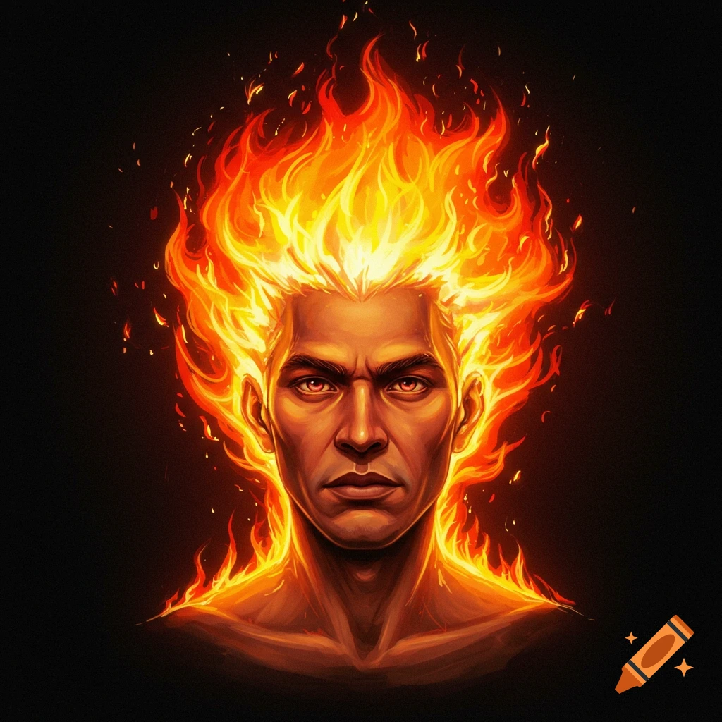 A man with hair made of fire against a black background.