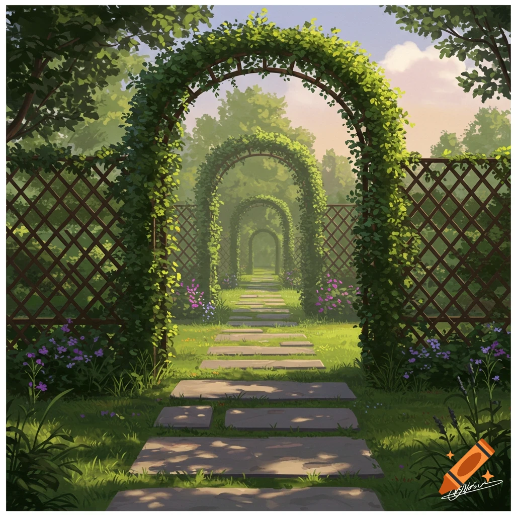 A garden path lined with vine-covered arches and lattice fences.