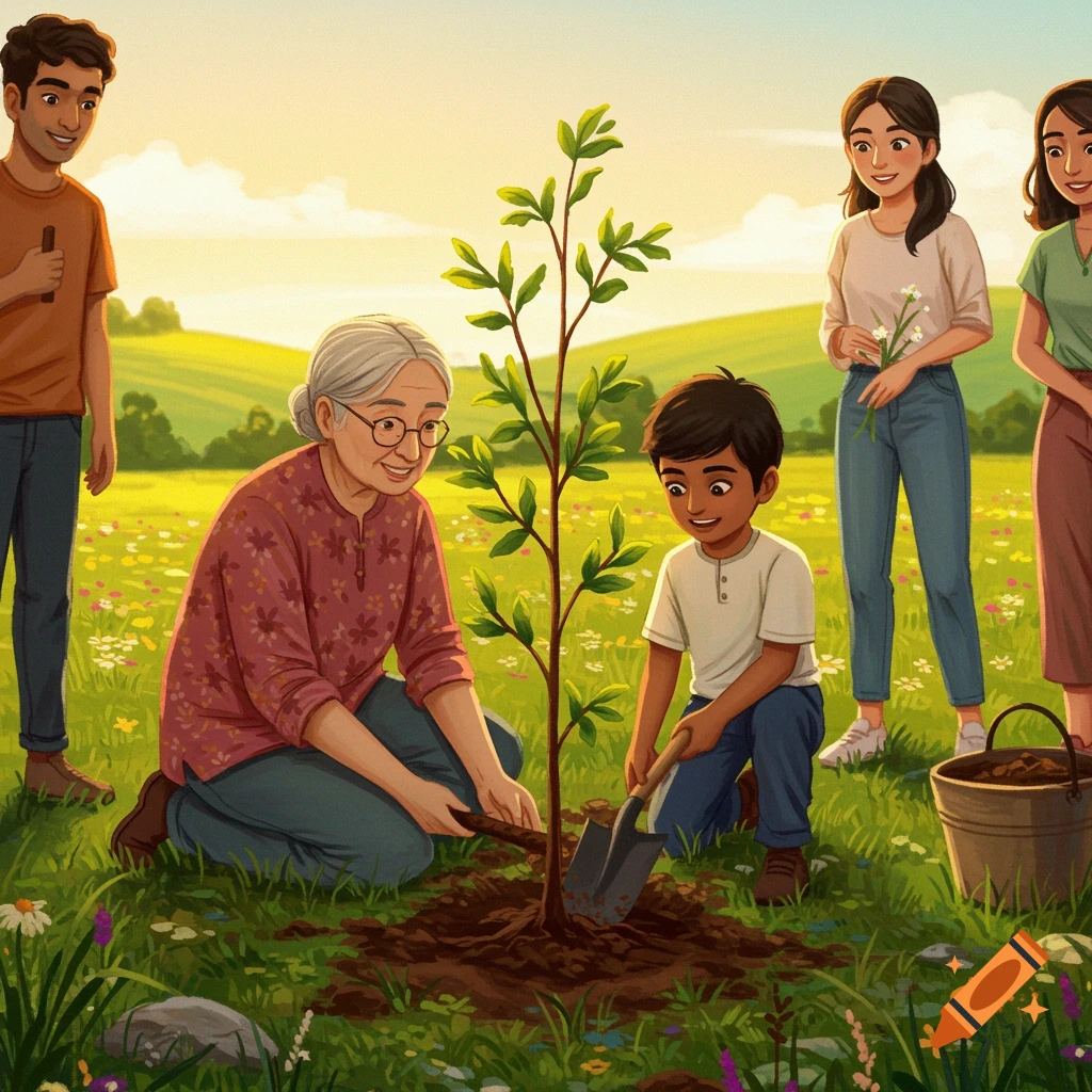 A diverse family plants a tree in a sunny field.
