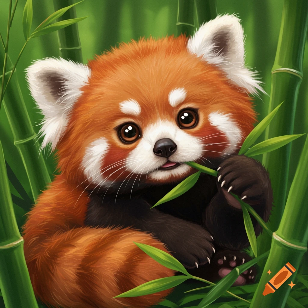 Cute baby red panda eating bamboo in a forest.