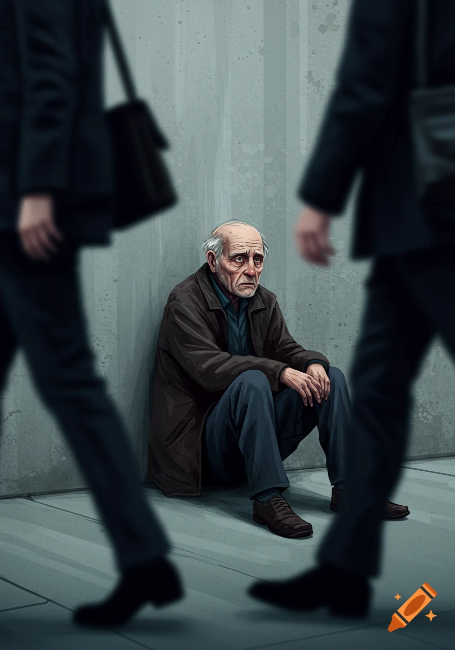 A scared old man sits against a grey wall as blurred figures walk past.