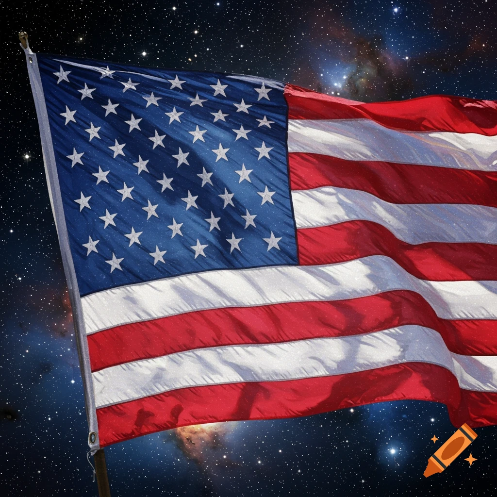 An American flag waving against a starry space background.