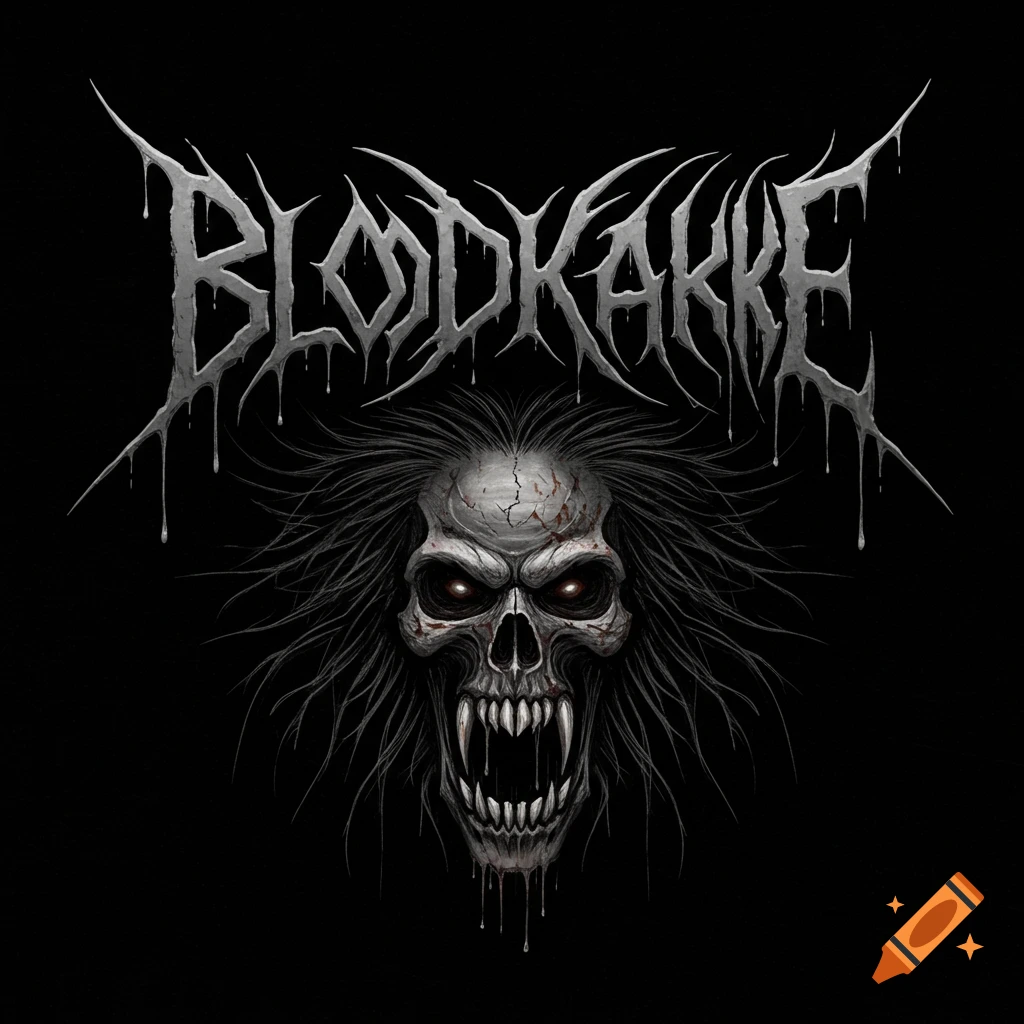 Death metal logo with spiky text BLOODKAKKE above a monstrous skull with fangs and glowing eyes.