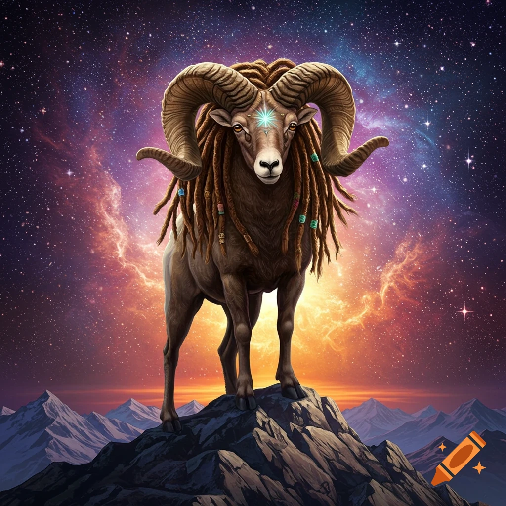 An Aries ram with dreadlocks stands on a mountain under a starry galaxy sky.