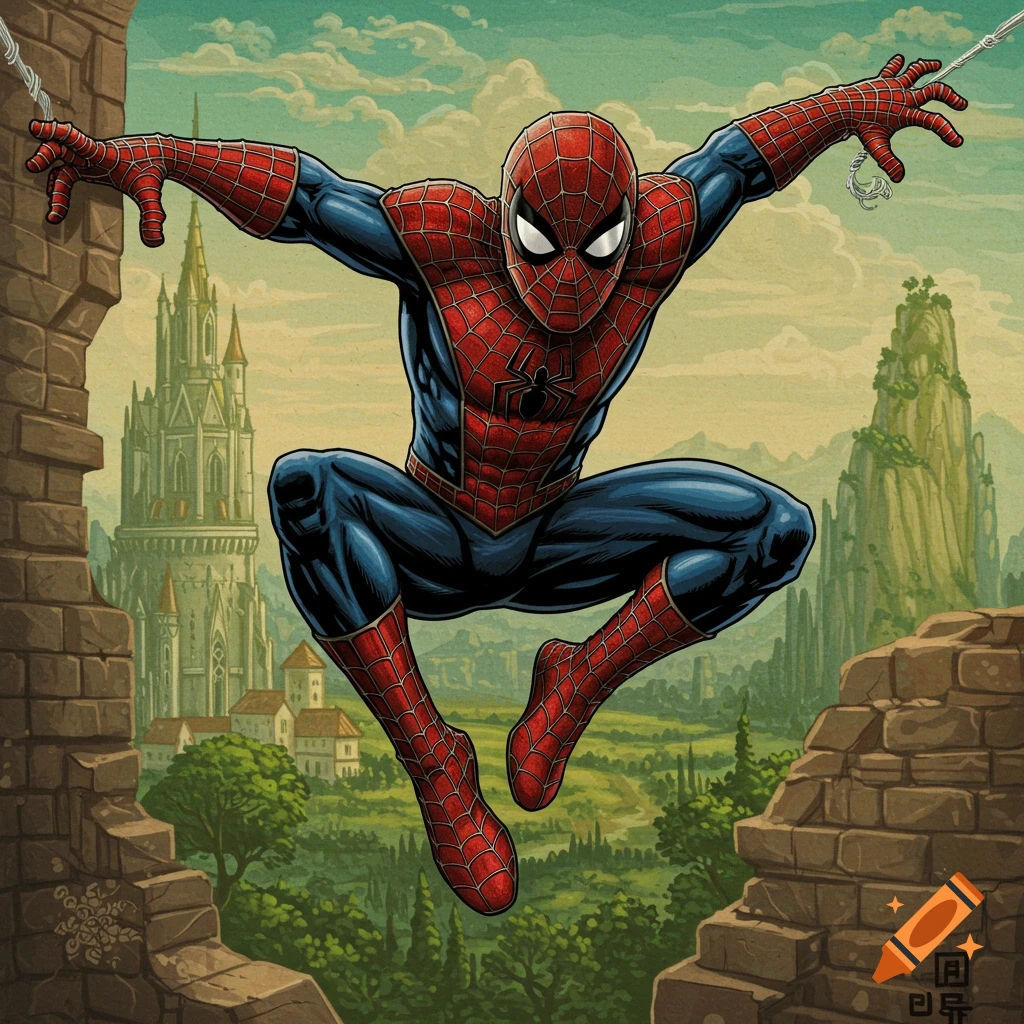 Spider-Man jumps from a wall over a medieval castle and landscape.