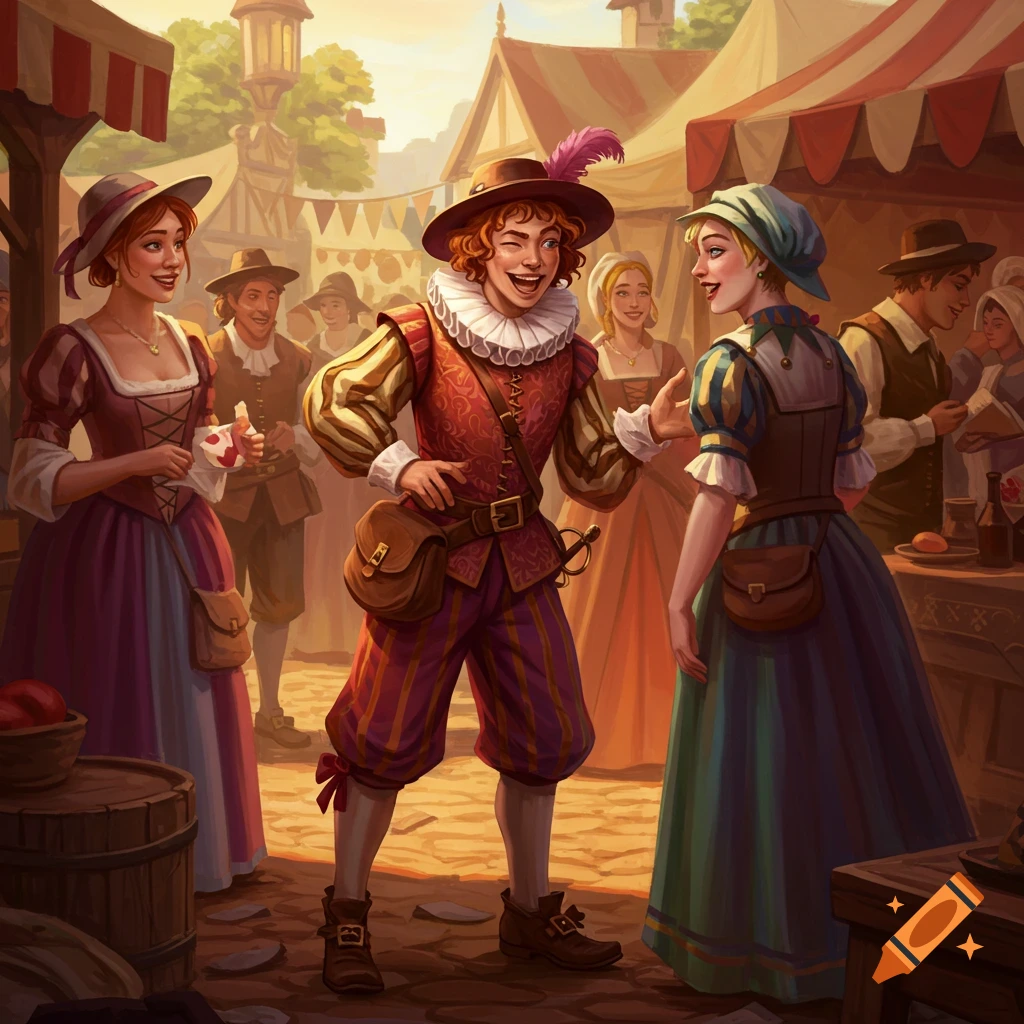 people in historical costumes talking at a market